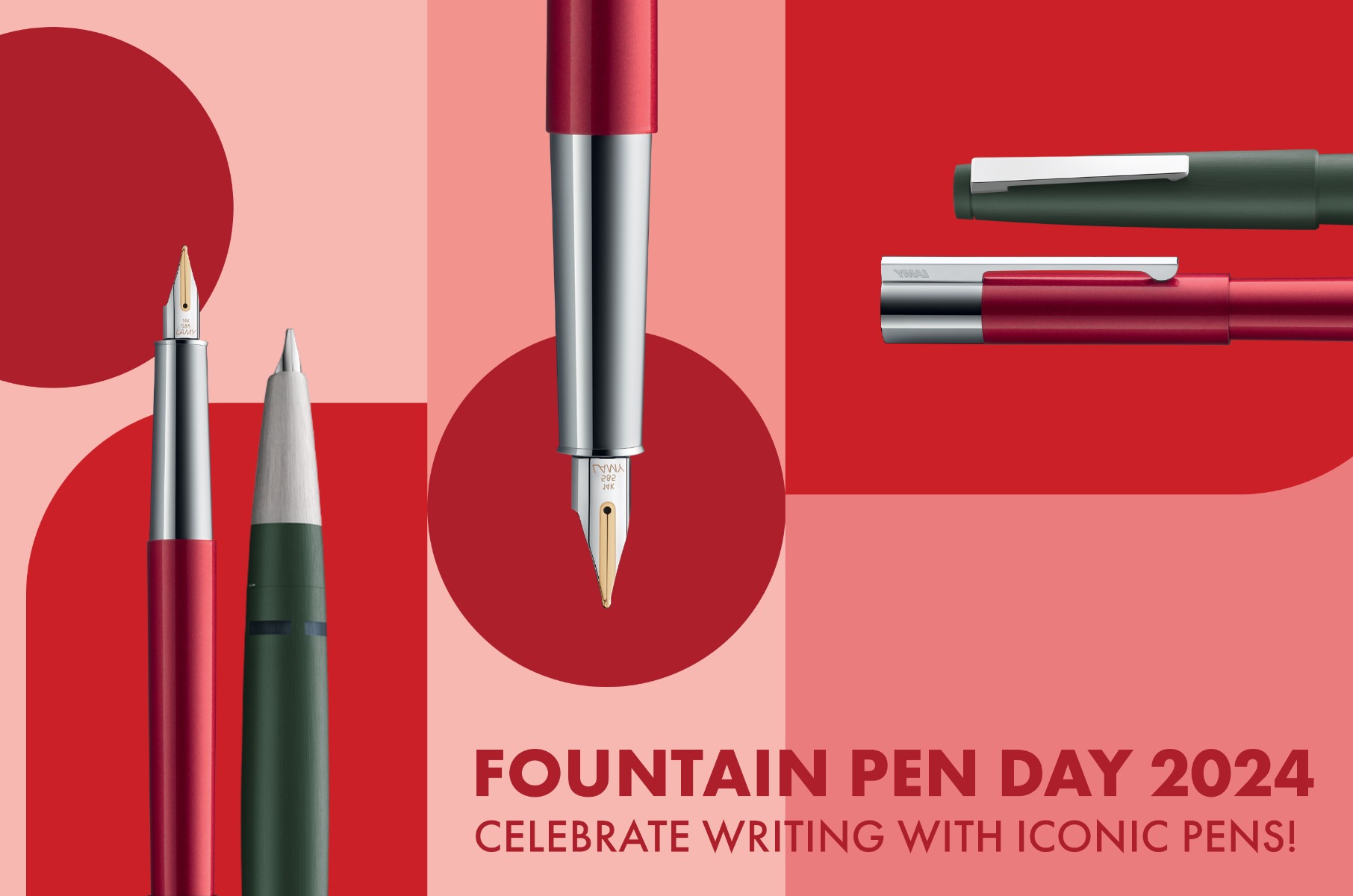 Fountain Pen Day 2024: Celebrate Writing with Iconic Pens featuring a variety of luxury fountain pens in sleek designs, showcased in red and green hues."