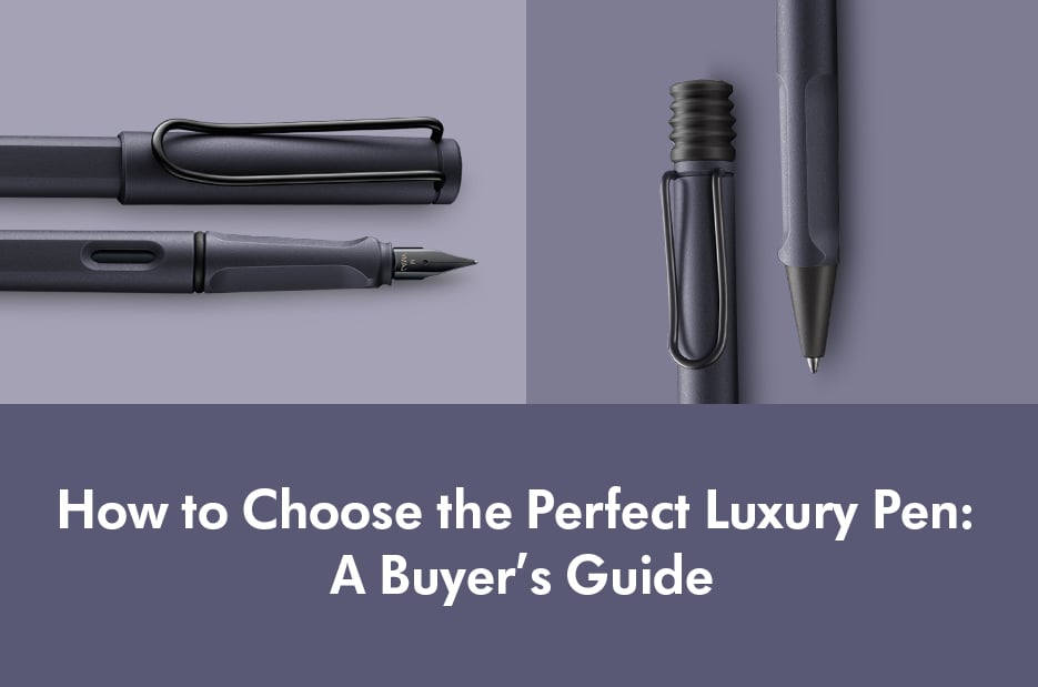 Two luxury pens (fountain and ballpoint) featured in 'How to Choose the Perfect Luxury Pen: A Buyer's Guide' on a purple background.