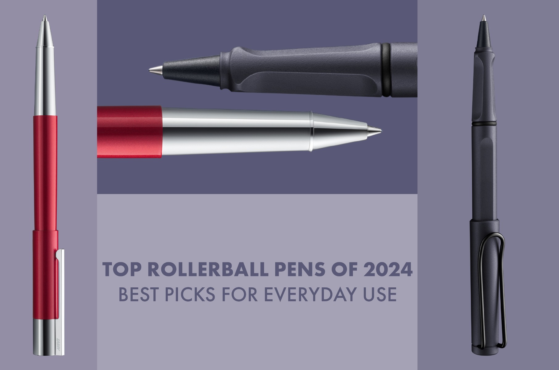 Top Rollerball Pens of 2024 - Best Picks for Everyday Use. Image showcasing three sleek and modern rollerball pens in black and red.